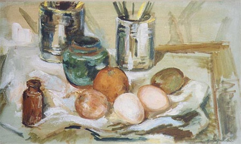 Still Life with Brushes and Eggs, a painting by Grace Gardner